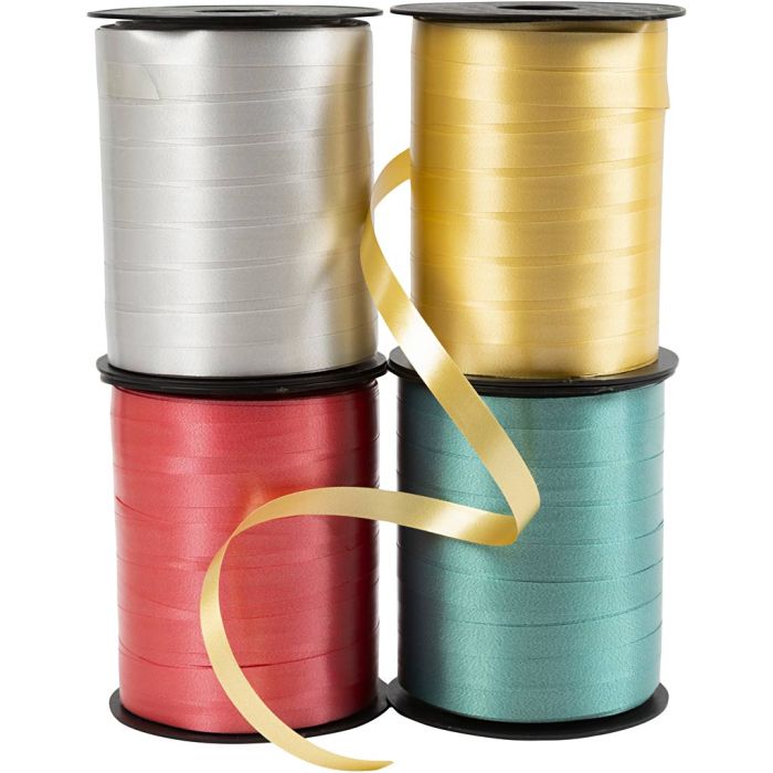 Kräuselband - Sortiment , B 10 mm, Glänzend, Gold, Grün, Rot, Silber, 4x250 m/ 1 Pck
