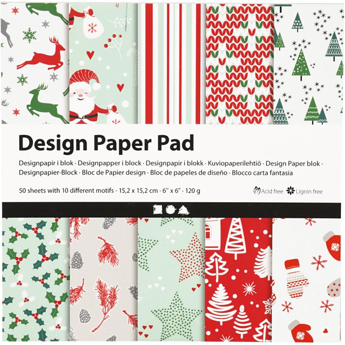 Designpapierblock, Blatt 15,2x15,2 cm, Weihnachten, 120 g, Grün, Rot, Weiß, 50 Bl./ 1 Pck