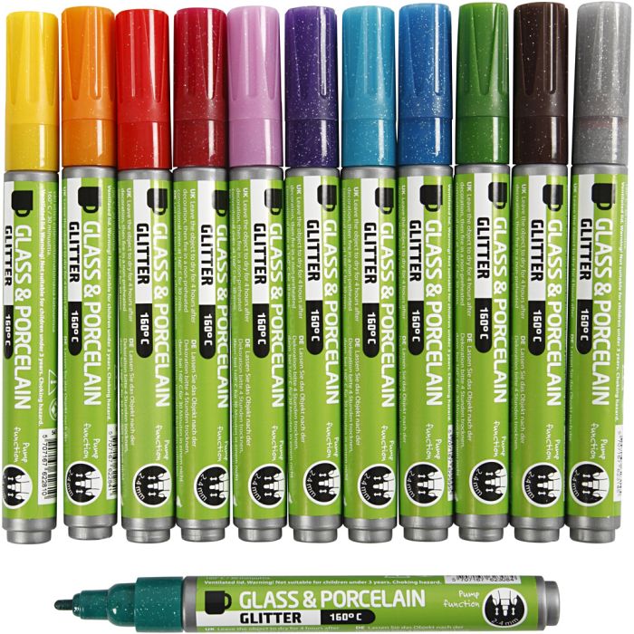 Glas-/Porzellanmalstift, Glitter, Strichstärke 2-4 mm, Halbdeckend, Sortierte Farben, 12 Stk/ 1 Pck