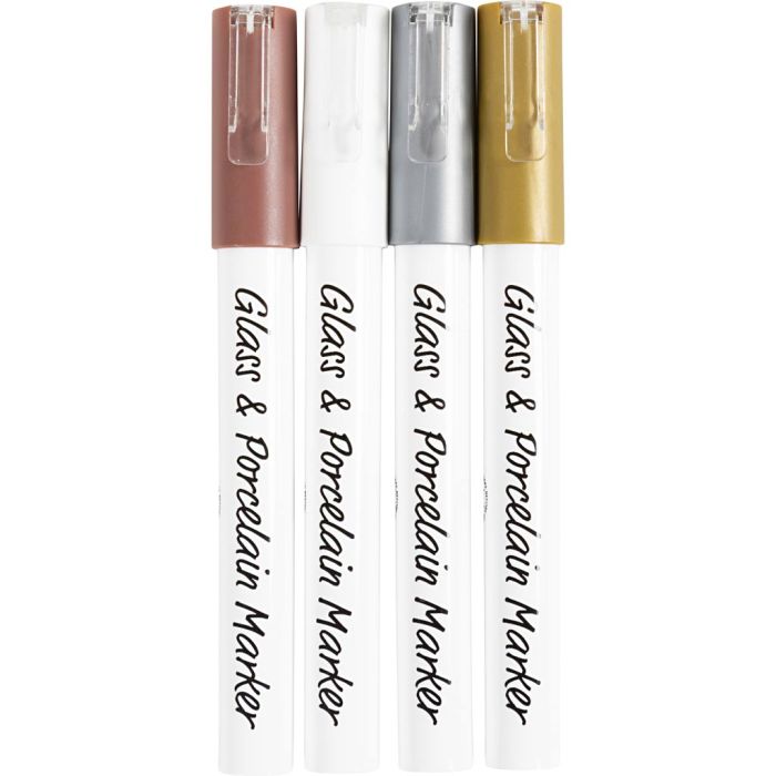 Glas-/Porzellanmalstift, Strichstärke 1-2 mm, Halbdeckend, Braun, Gold, Silber, Weiß, 4 Stk/ 1 Pck