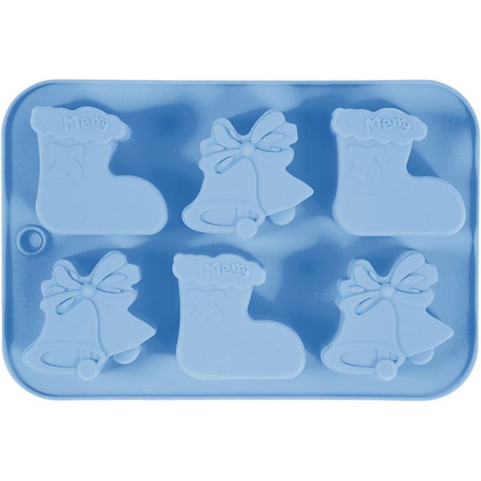 Silikonform, Weihnachtsstrumpf und Glocken, H 2,5 cm, L 6 cm, B 7,5 cm, 12,5 ml, 1 Stk