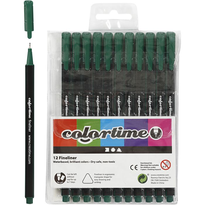 Colortime Fineliner Filzstifte, Strichstärke 0,6-0,7 mm, Dunkelgrün, 12 Stk/ 1 Pck