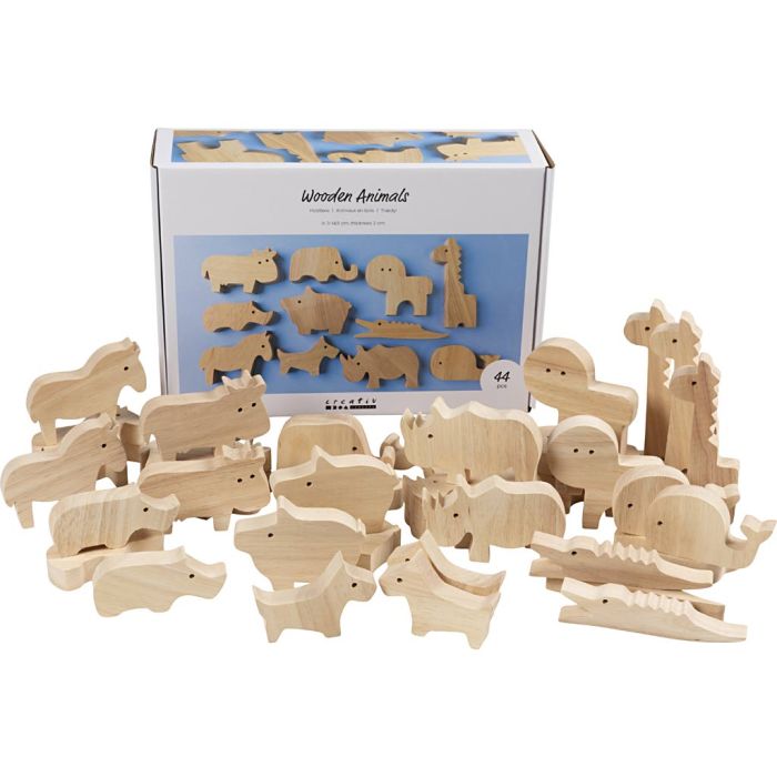 Holztiere, Bauernhof und Safari, H 3-14,5 cm, Dicke 2 cm, 44 Stk/ 1 Pck