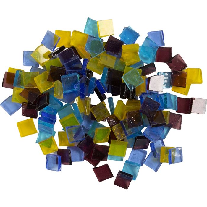 Mosaiksteine aus Glas, Größe 10x10 mm, Dicke 3 mm, Transparent, Blau, Hellblau, Flieder, Gelb, 454 g/ 1 Pck