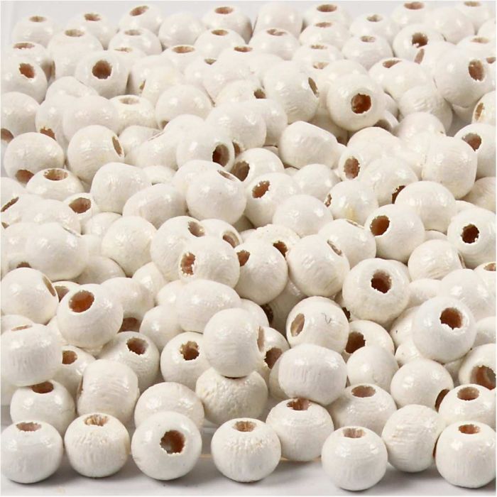 Holzperlen, D 5 mm, Lochgröße 1,5 mm, ca. 150 Stk, Weiß, 6 g/ 1 Pck