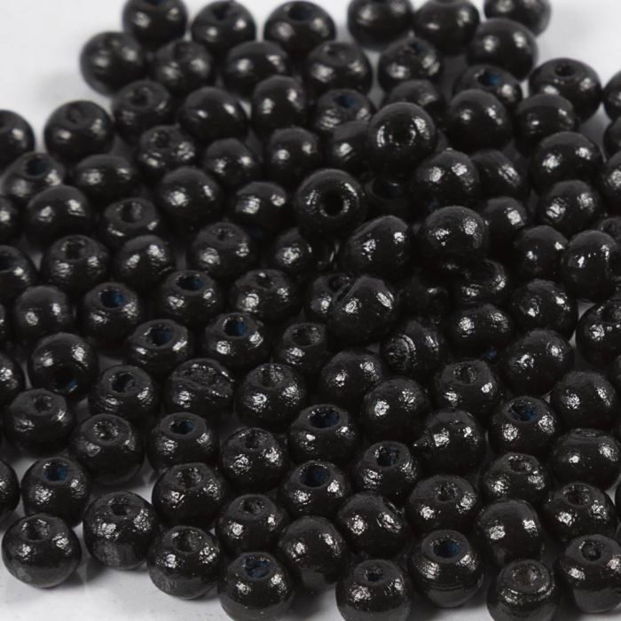 Holzperlen, D 5 mm, Lochgröße 1,5 mm, ca. 150 Stk, Schwarz, 6 g/ 1 Pck