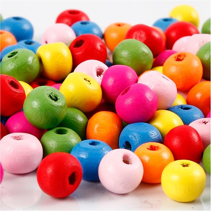 Holzperlen, D 8 mm, Lochgröße 1,5-2 mm, ca. 90 sort., Sortierte Farben, 16 g/ 1 Pck