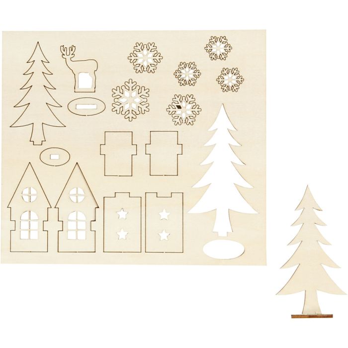 Zusammensteckbare Holzfiguren, Haus, Baum, Hirsch, L 15,5 cm, B 17 cm, Dicke 3 mm, 1 Pck
