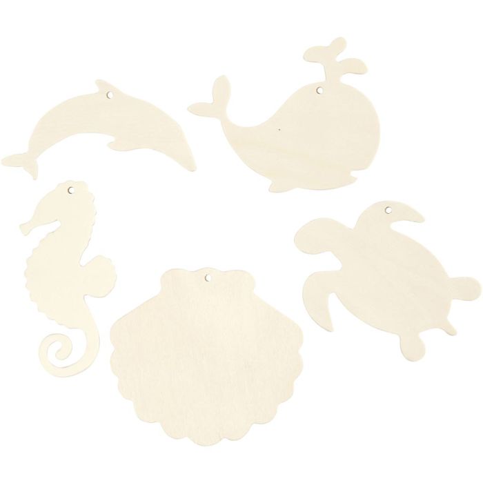Meerestiere zum Aufhängen, Seepferdchen, Schildkröte, Delfin, Muschel und Wal, H 5-10 cm, B 5-10 cm, Lochgröße 3 mm, Dicke 2 mm, 5 Stk/ 1 Pck