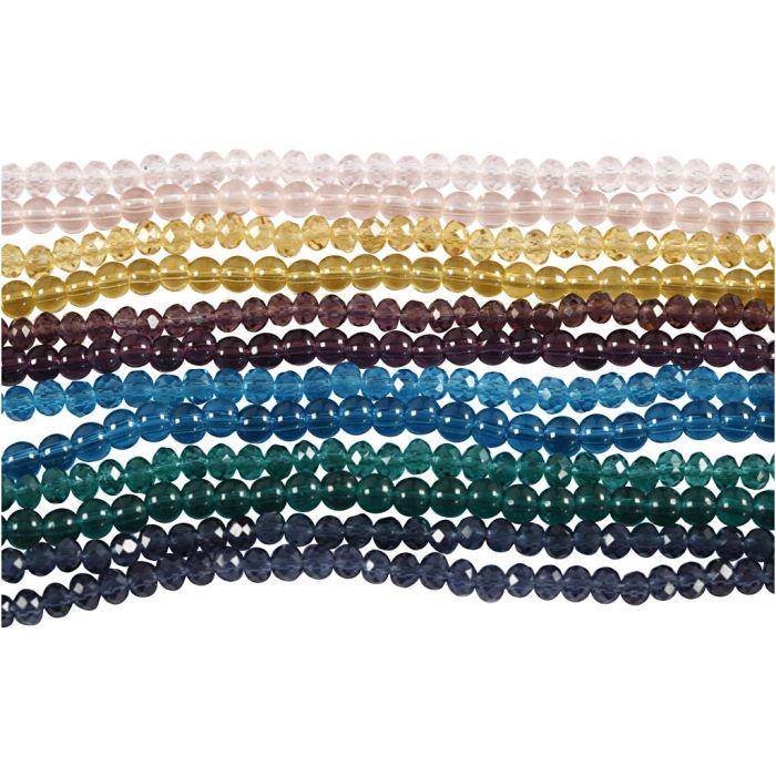 Glas- und Facettperlen - Sortiment, D 4 mm, Lochgröße 1 mm, 12x45 Stk/ 1 Pck