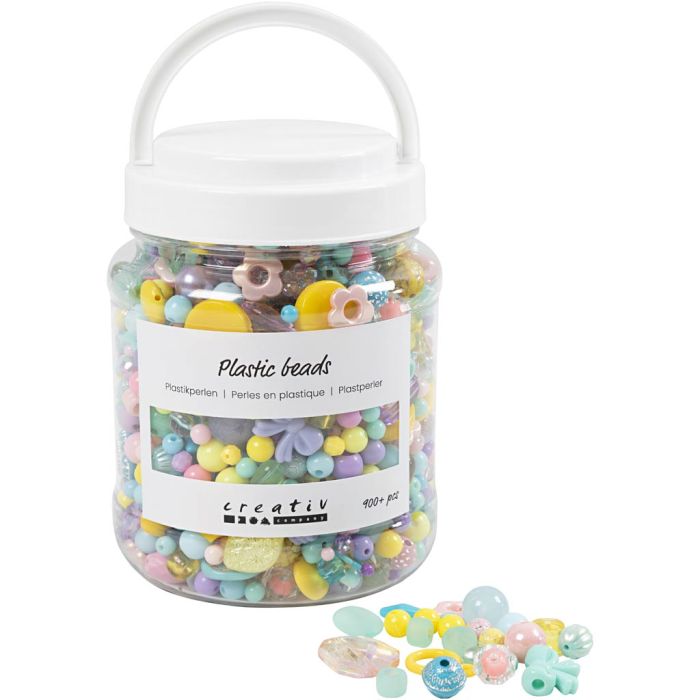 Kunststoffperlen, D 5-35 mm, Lochgröße 1-8 mm, ca. 900 Stk, Sortierte Farben, 700 ml/ 1 Dose