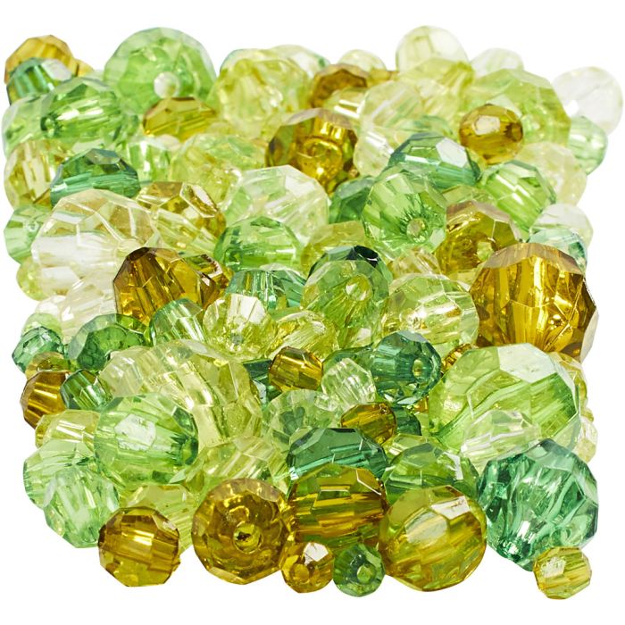 Facettenperlen, Größe 4-12 mm, Lochgröße 1-2,5 mm, ca. 860 Stk, Grün mit Glitter, 250 g/ 1 Pck