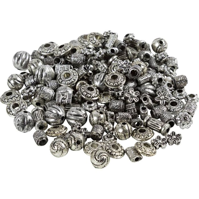 Kunststoffperlen, Mix, D 3-20 mm, Lochgröße 1,5-3 mm, Silber, 50 g/ 1 Pck