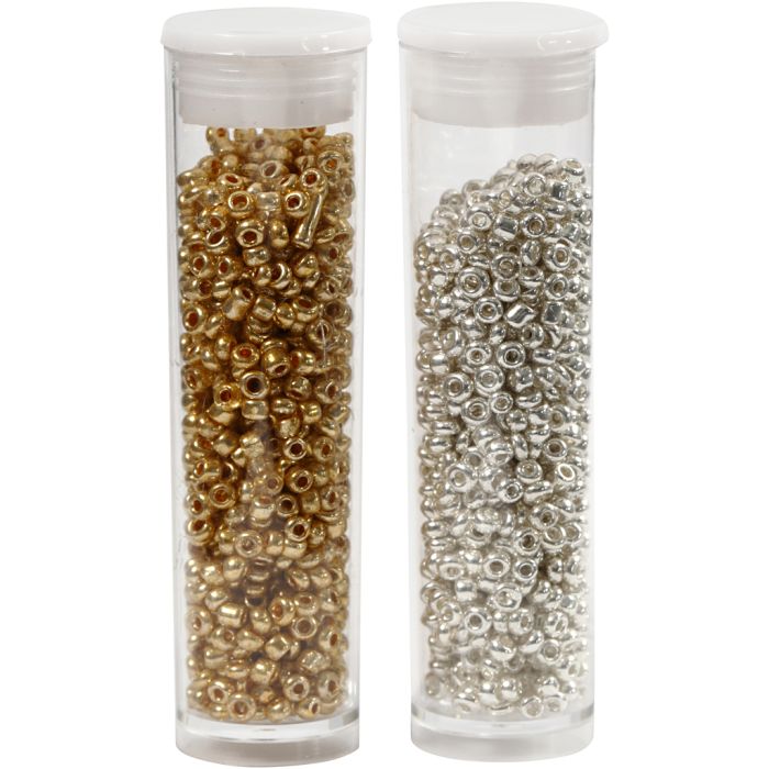 Rocaille-Perlen, D 1,7 mm, Größe 15/0, Lochgröße 0,5-0,8 mm, Gold, Silber, 2x7 g/ 1 Pck