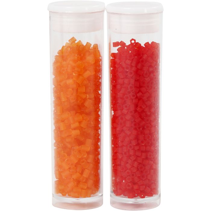 Rocailles-Perlen 2-cut, D 1,7 mm, Größe 15/0, Lochgröße 0,5 mm, Transparent Orange, Transparent Rot, 2x7 g/ 1 Pck
