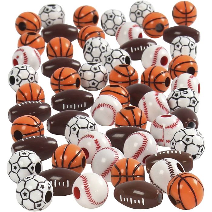 Sportball-Perlen, Größe 11-15 mm, Lochgröße 3-4 mm, ca. 55 Stk, Sortierte Farben, 45 g/ 1 Pck