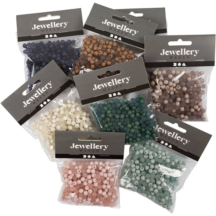 Kunststoffperlen - Set, D 6 mm, Lochgröße 1,5 mm, Inhalt kann variieren , ca. 10x150 Stk, Sortierte Farben, 8x40 g/ 1 Pck