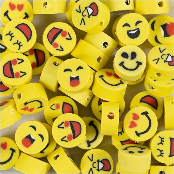 Motivperlen, Emoji, D 10 mm, Lochgröße 1,5 mm, 60 Stk/ 1 Pck