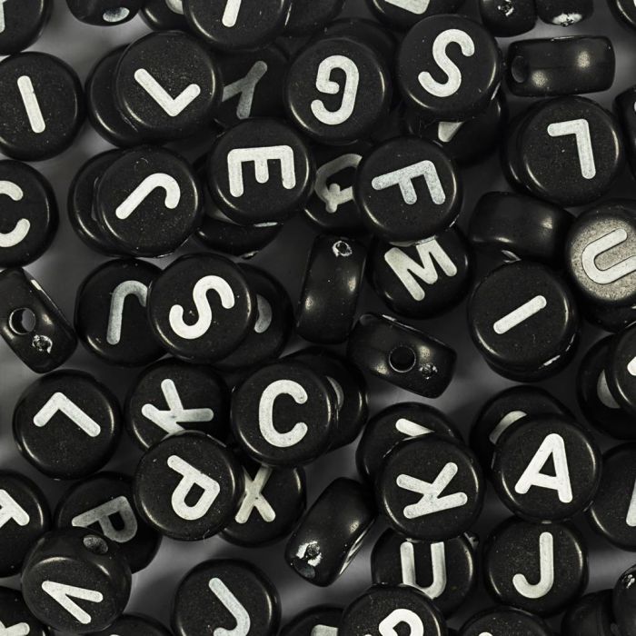 Buchstabenperlen, A-Z, D 7 mm, Lochgröße 1,2 mm, Schwarz, 165 g/ 1 Pck