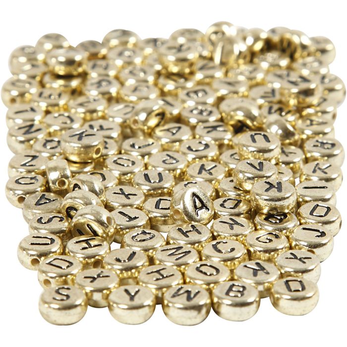 Buchstaben-Perlen, D 7 mm, Lochgröße 1 mm, ca. 1500 Stk, Gold, 165 g/ 1 Pck