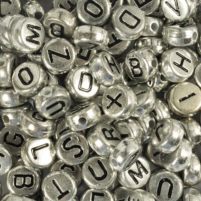 Buchstaben-Perlen, D 7 mm, Lochgröße 1,2 mm, ca. 200 Stk, Silber, 21 g/ 1 Pck