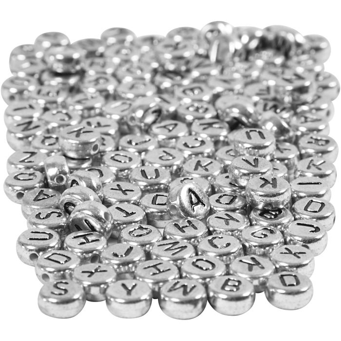 Buchstaben-Perlen, D 7 mm, Lochgröße 1,2 mm, ca. 1500 Stk, Silber, 165 g/ 1 Pck
