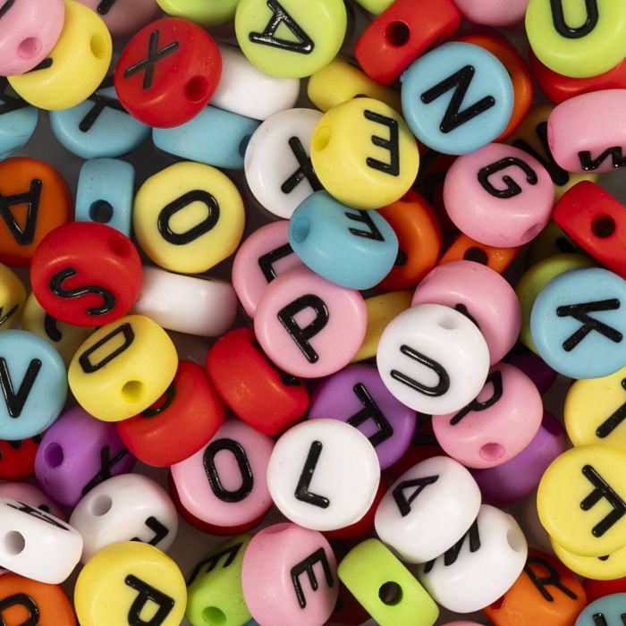 Runde Buchstabenperlen, D 7 mm, Lochgröße 1-2 mm, ca. 200 Stk, Sortierte Farben, 25 g/ 1 Pck