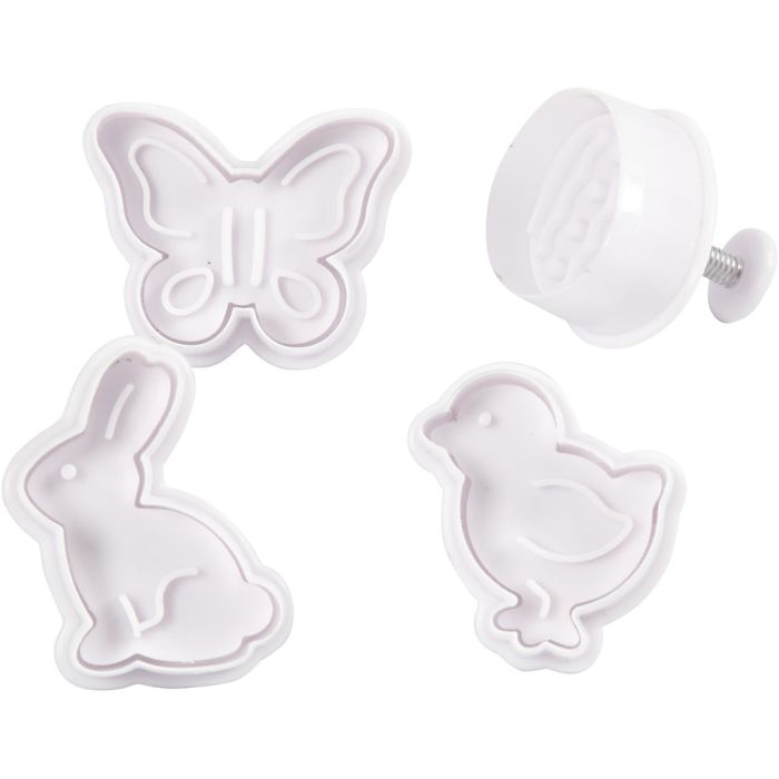 Ausstecher mit Stempelgriff, Osterei, Häschen, Küken, Schmetterling, H 5 cm, Weiß, 4 Stk/ 1 Pck