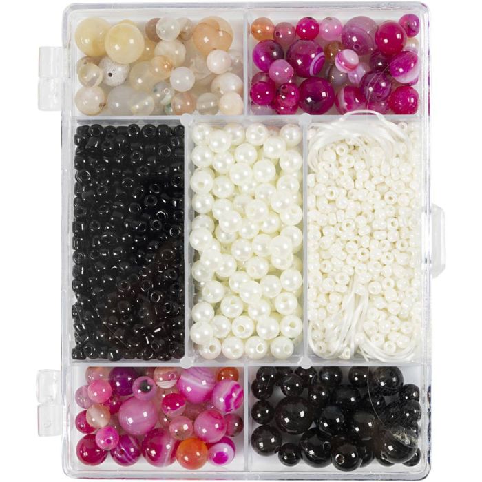Kreativ Mix Schmuck, Achate, Größe 2,6-10 mm, Lochgröße 0,8-1,8 mm, ca. 2740 Stk, Beige, Schwarz, Pink, Perlmuttweiß, 1 Pck