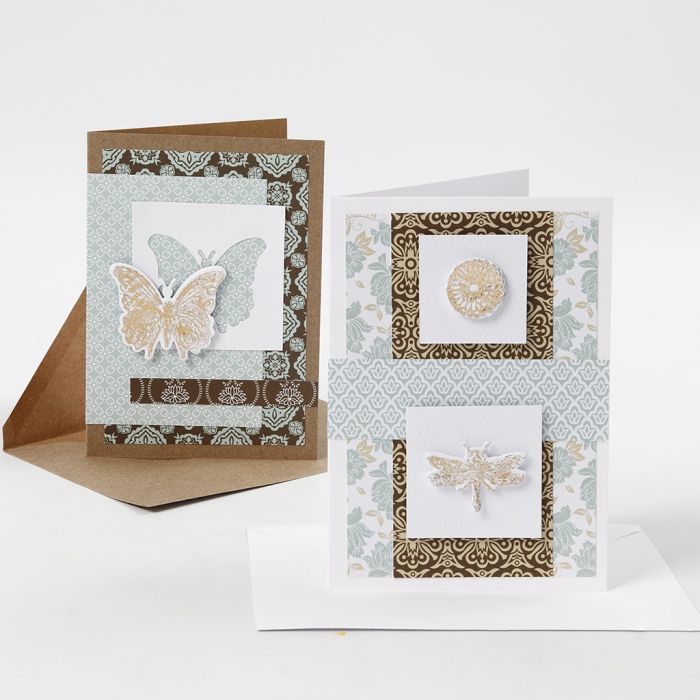 Grußkarten, verziert mit Design-Papier, Stanzmotiven und Dekorfolie
