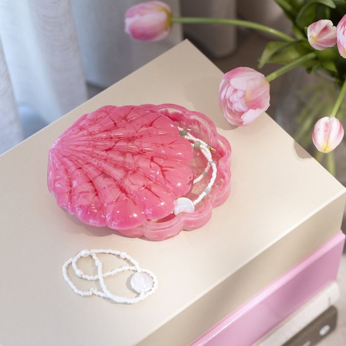 Muschelschale aus klaren Bioharz mit Deckel und Marmorierungseffekt