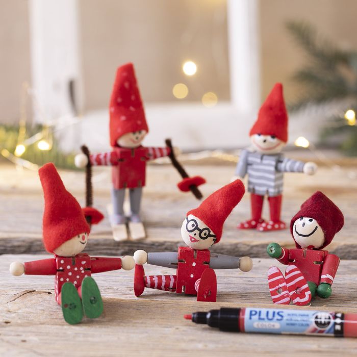 Wichtel aus Holz mit beweglichen Köpfen und Gliedmaßen