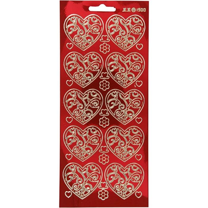 Sticker, Herzen, Blatt 10x23 cm, Gold, Transparent Rot, 1 Bl.