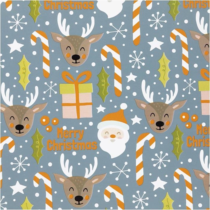 Geschenkpapier, Weihnachtsmann, Weihnachtsgeschenk, Lutscher, Rentier, B 50 cm, 80 g, Grau, 5 m/ 1 Rolle