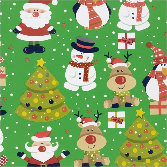 Geschenkpapier, Weihnachtsmann, Weihnachtsbaum, Weihnachtsgeschenk, Rentier, Schneemann und Pinguin, B 50 cm, 80 g, Grün, 5 m/ 1 Rolle
