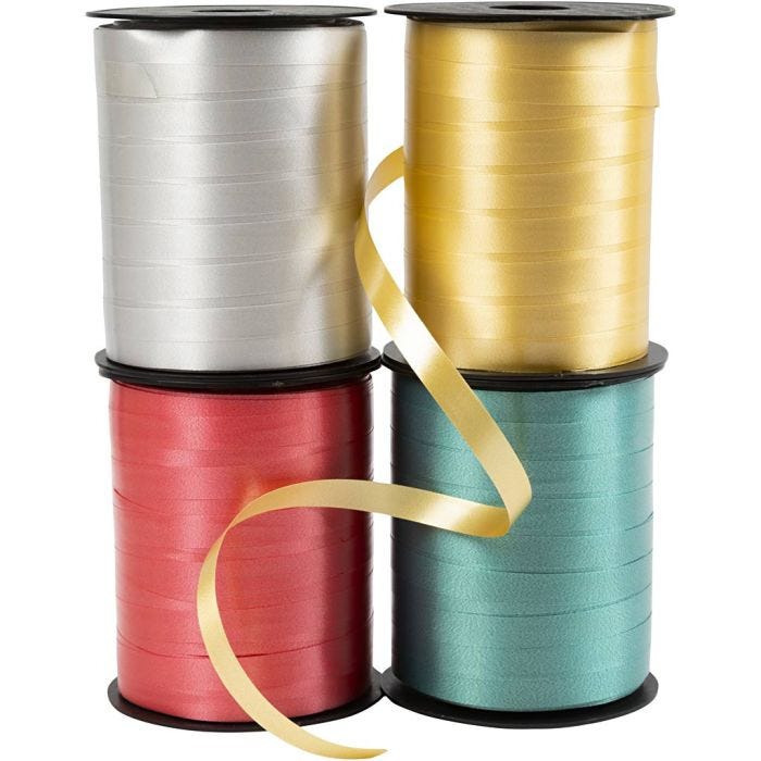 Kräuselband - Sortiment , B 10 mm, Glänzend, Gold, Grün, Rot, Silber, 4x250 m/ 1 Pck