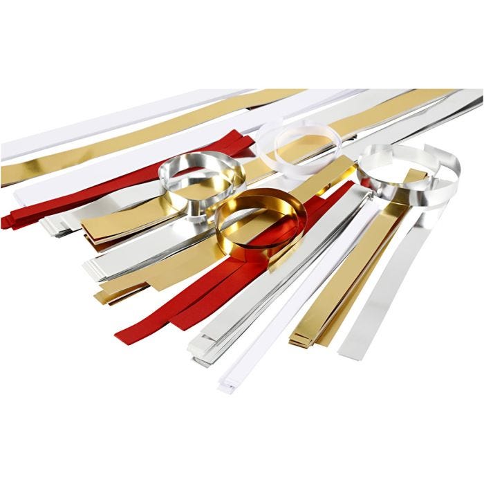 Papierstreifen für Sterne, L 44+78 cm, B 10+15+25 mm, D 4,5+6,5+11,5 cm, Inhalt kann variieren , Gold, Rot, Silber, Weiß, 5000 Streifen/ 1 Pck