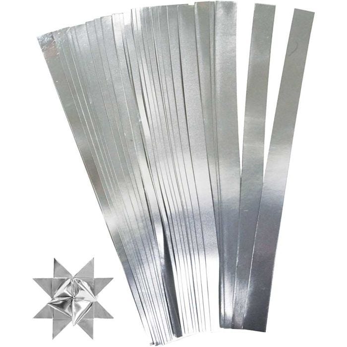 Papierstreifen für Sterne, L 45 cm, D 6,5 cm, B 15 mm, Silber, 100Streifen/ 1 Pck