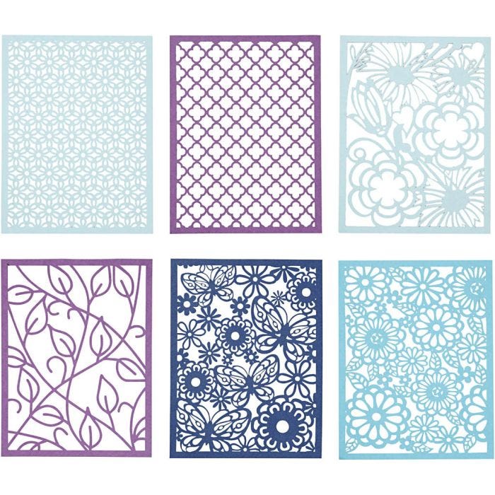 Block aus Karton mit Spitzen-Muster, A6, Blatt 104x146 mm, 200 g, Blau, Hellblau, Dunkelblau, Flieder, 24 Stk/ 1 Pck