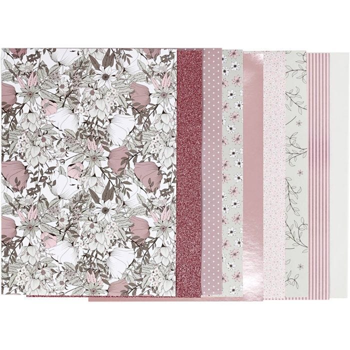 Block mit Design-Papier, Größe 21x30 cm, 120+128 g, Beige, Braun, Rosa, Weiß, 24 Bl./ 1 Pck