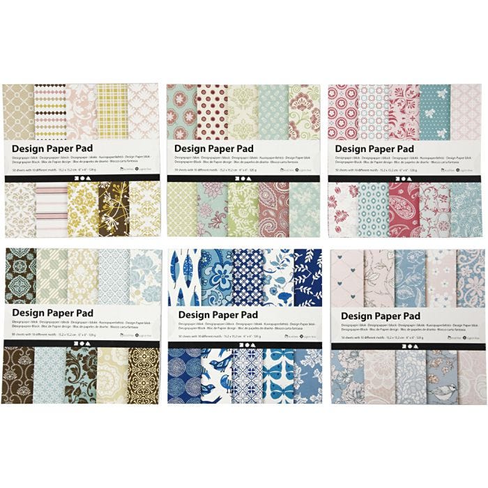 Design-Papier im Block, Blatt 15,2x15,2 cm, 120 g, Sortierte Farben, 300 Bl., 6x50 Bl./ 1 Pck