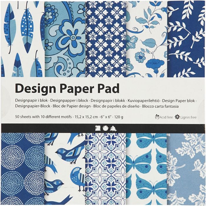 Design-Papier im Block, Blatt 15,2x15,2 cm, 120 g, Blau, 50 Bl./ 1 Pck