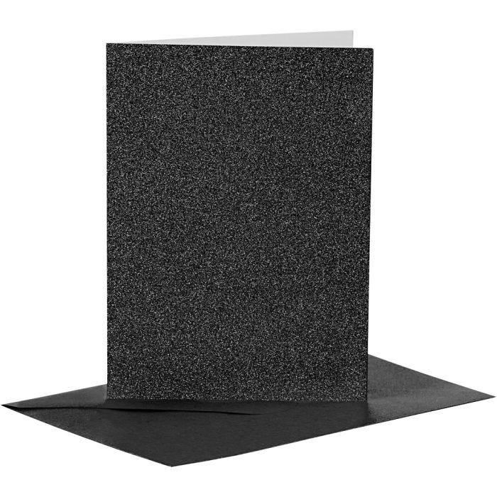 Karten &amp; Kuverts, Kartengröße 10,5x15 cm, Umschlaggröße 11,5x16,5 cm, Glitter, 110+250 g, Schwarz, 4Set/ 1 Pck