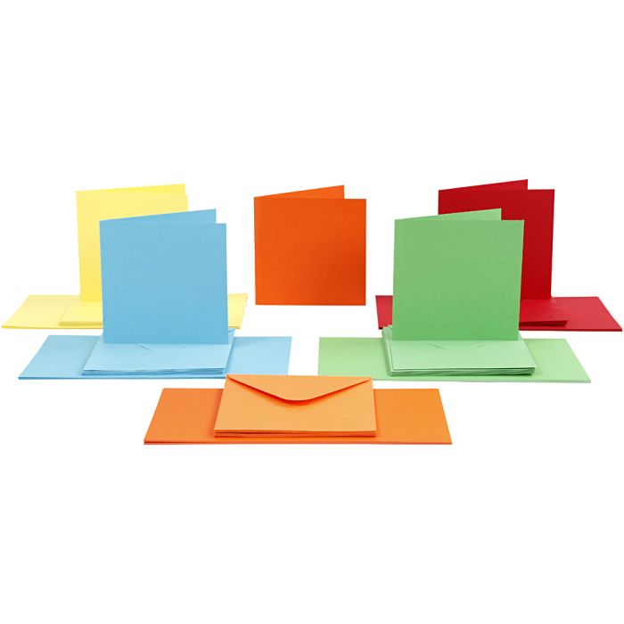 Karten &amp; Kuverts, Kartengröße 15x15 cm, Umschlaggröße 16x16 cm, 110+220 g, Sortierte Farben, 50 Set/ 1 Pck