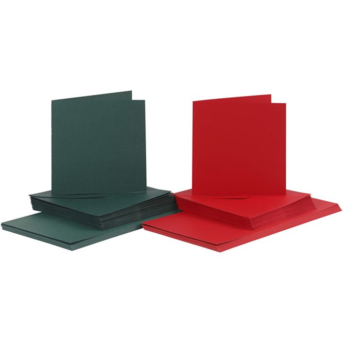 Karten &amp; Kuverts, Kartengröße 15x15 cm, Umschlaggröße 16x16 cm, 110+230 g, Grün, Rot, 50 Set/ 1 Pck