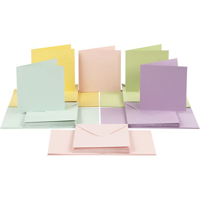 Karten &amp; Kuverts, Kartengröße 15x15 cm, Umschlaggröße 16x16 cm, 110+220 g, Pastellfarben, 50Set/ 1 Pck
