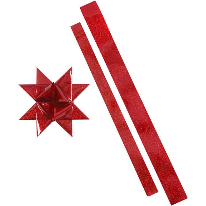 Papierstreifen für Sterne, L 86+100 cm, D 11,5+18,5 cm, B 25+40 mm, Rot, Rot mit Glitter, 16 Streifen/ 1 Pck