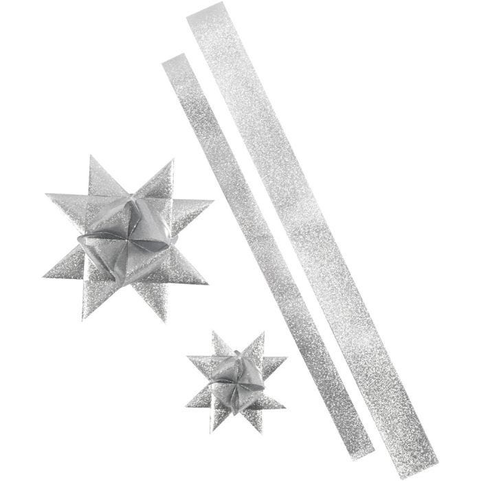 Papierstreifen für Sterne, L 86+100 cm, B 25+40 mm, D 11,5+18,5 cm, Glitter silber, 16 Streifen/ 1 Pck