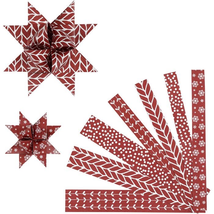 Papierstreifen für Fröbelsterne, L 44+78 cm, B 15+25 mm, D 6,5+11,5 cm, Rot, Weiß, 60Streifen/ 1 Pck