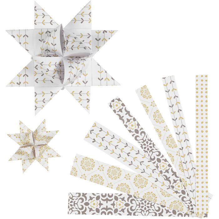 Papierstreifen für Fröbelsterne, L 44+78 cm, D 6,5+11,5 cm, B 15+25 mm, Gold, Weiß, 48 Streifen/ 1 Pck